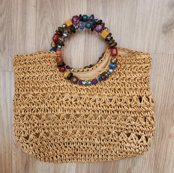Women's Crochet Cappelli Straw Summer Bag with Beaded Handle - Picture 5 of 9